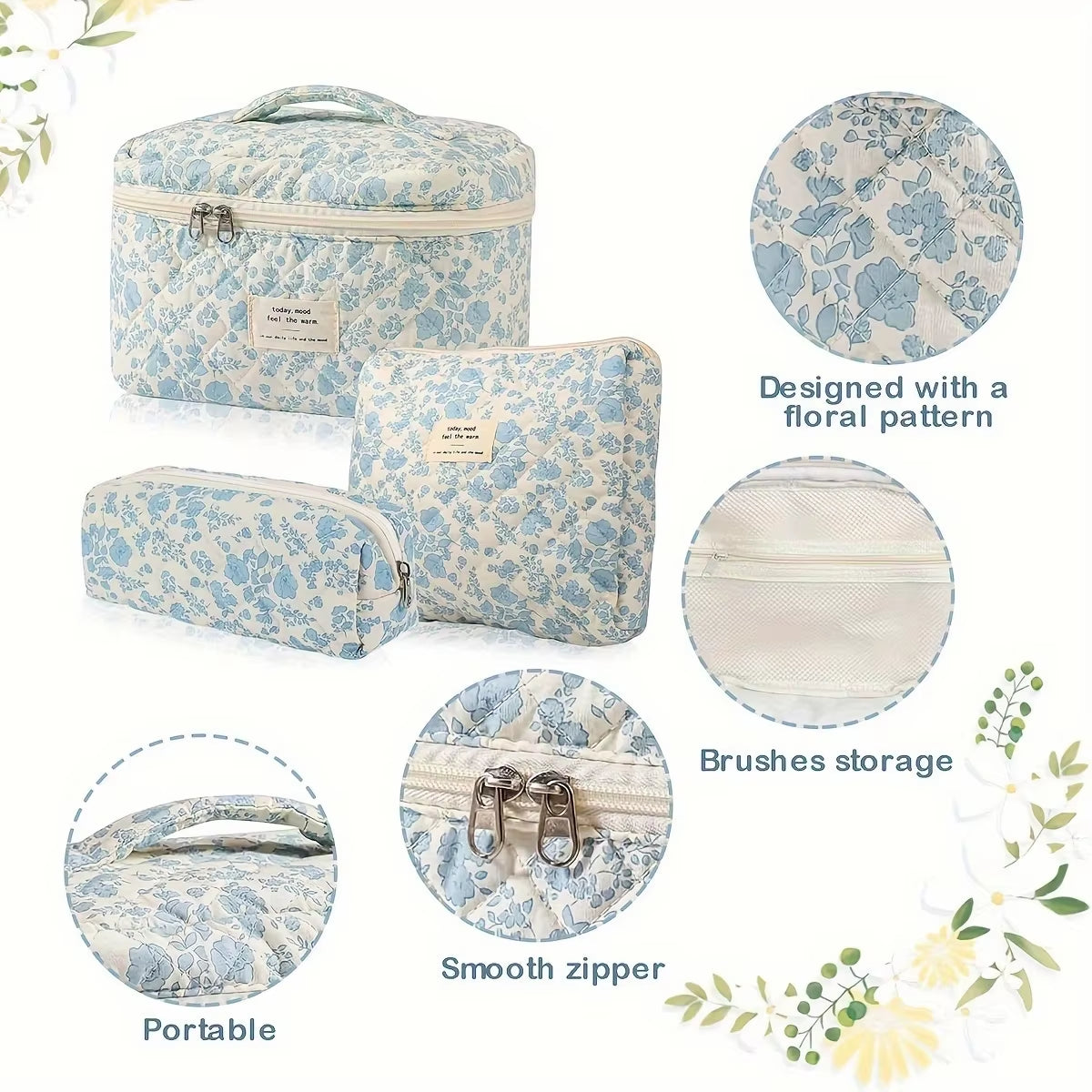1/3 Pcs Cute Quilted Cotton Makeup Bag Women Zipper Cosmetic Organizer Female Cloth Shape Portable Toiletry Case for Girl