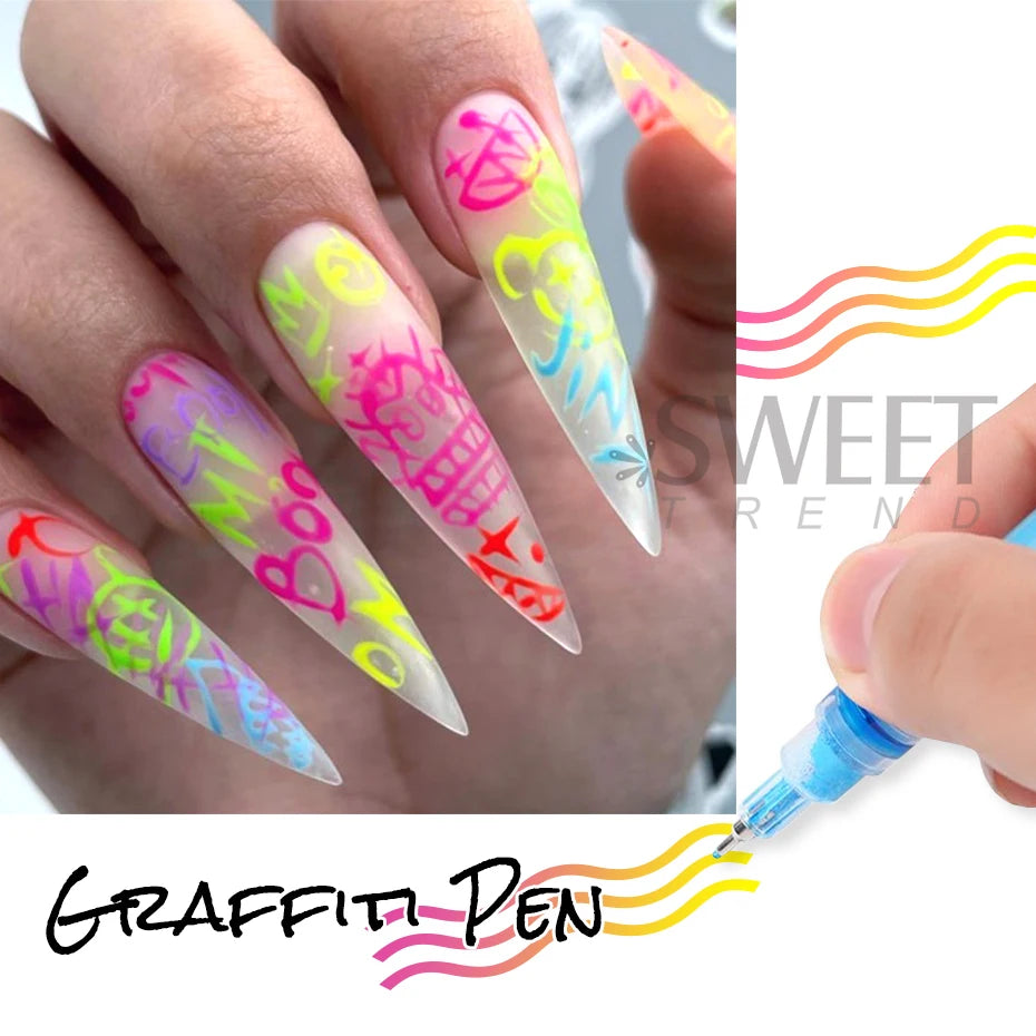 12-Color Y2K Graffiti Nail Polish Pen Set for Acrylic Painting - Quick-Drying Professional Manicure Tool with Abstract Designs