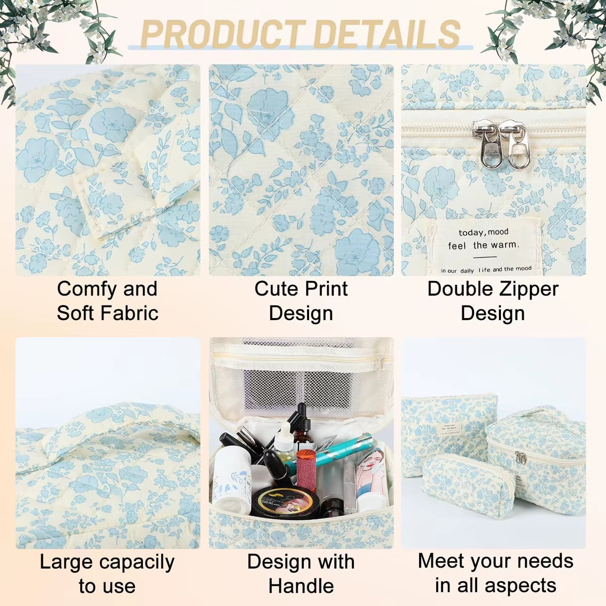 1/3 Pcs Cute Quilted Cotton Makeup Bag Women Zipper Cosmetic Organizer Female Cloth Shape Portable Toiletry Case for Girl