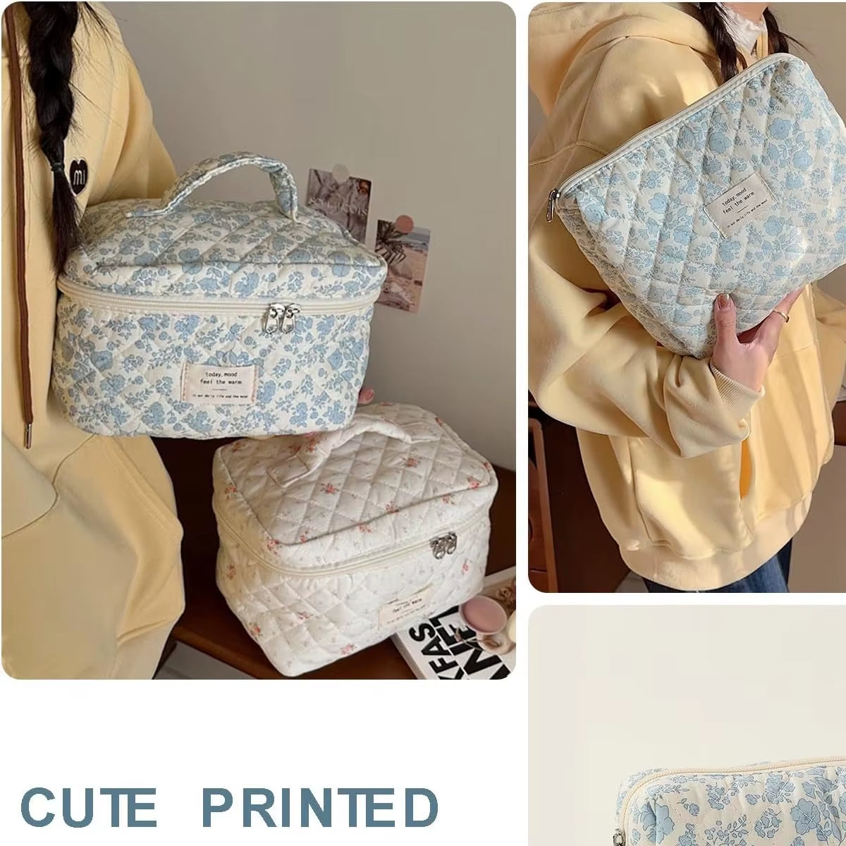 1/3 Pcs Cute Quilted Cotton Makeup Bag Women Zipper Cosmetic Organizer Female Cloth Shape Portable Toiletry Case for Girl