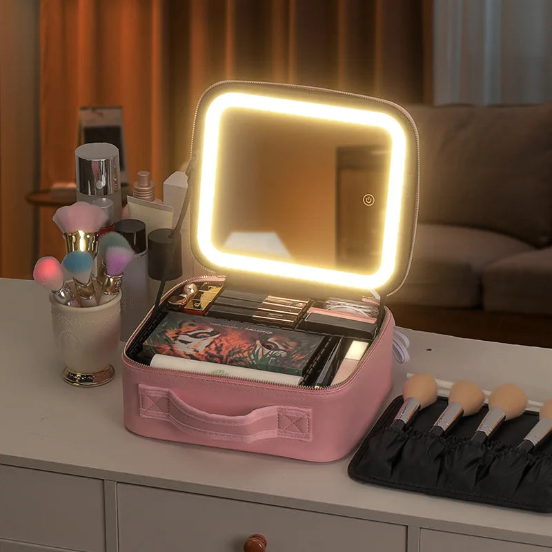 Portable Cosmetic Travel Storage Case with 2000mAh LED Rechargeable Makeup Organizer and Mirror