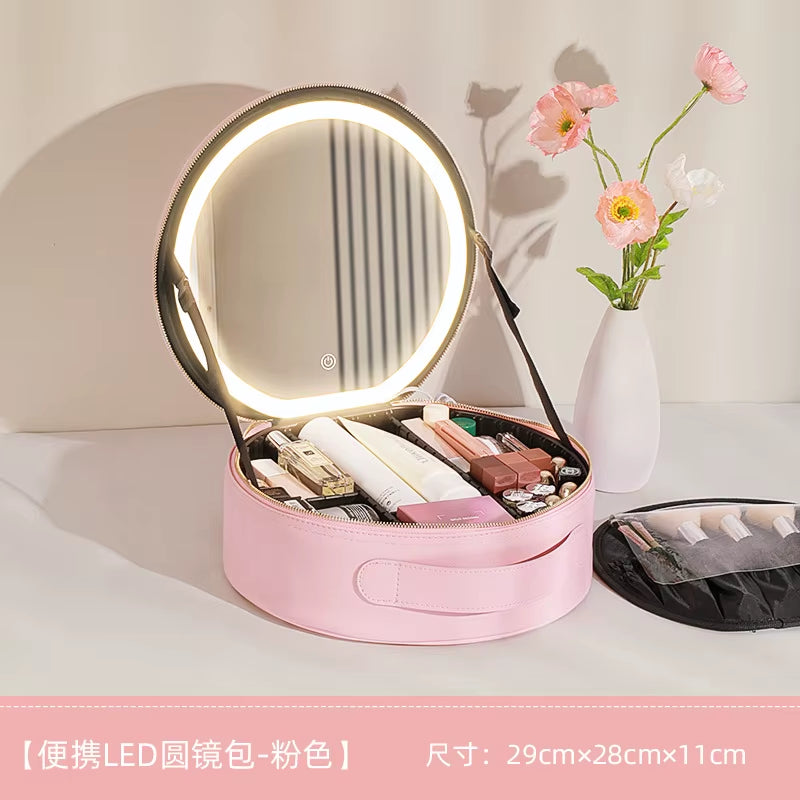 Portable Cosmetic Travel Storage Case with 2000mAh LED Rechargeable Makeup Organizer and Mirror