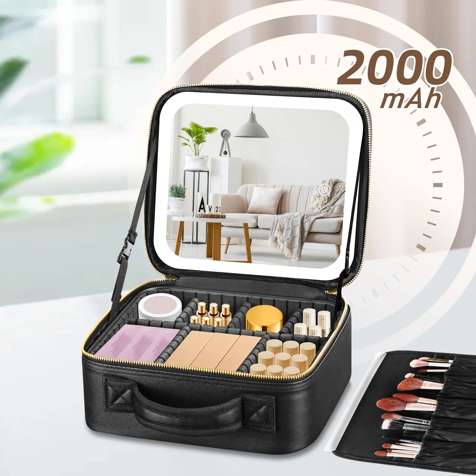 Portable Cosmetic Travel Storage Case with 2000mAh LED Rechargeable Makeup Organizer and Mirror