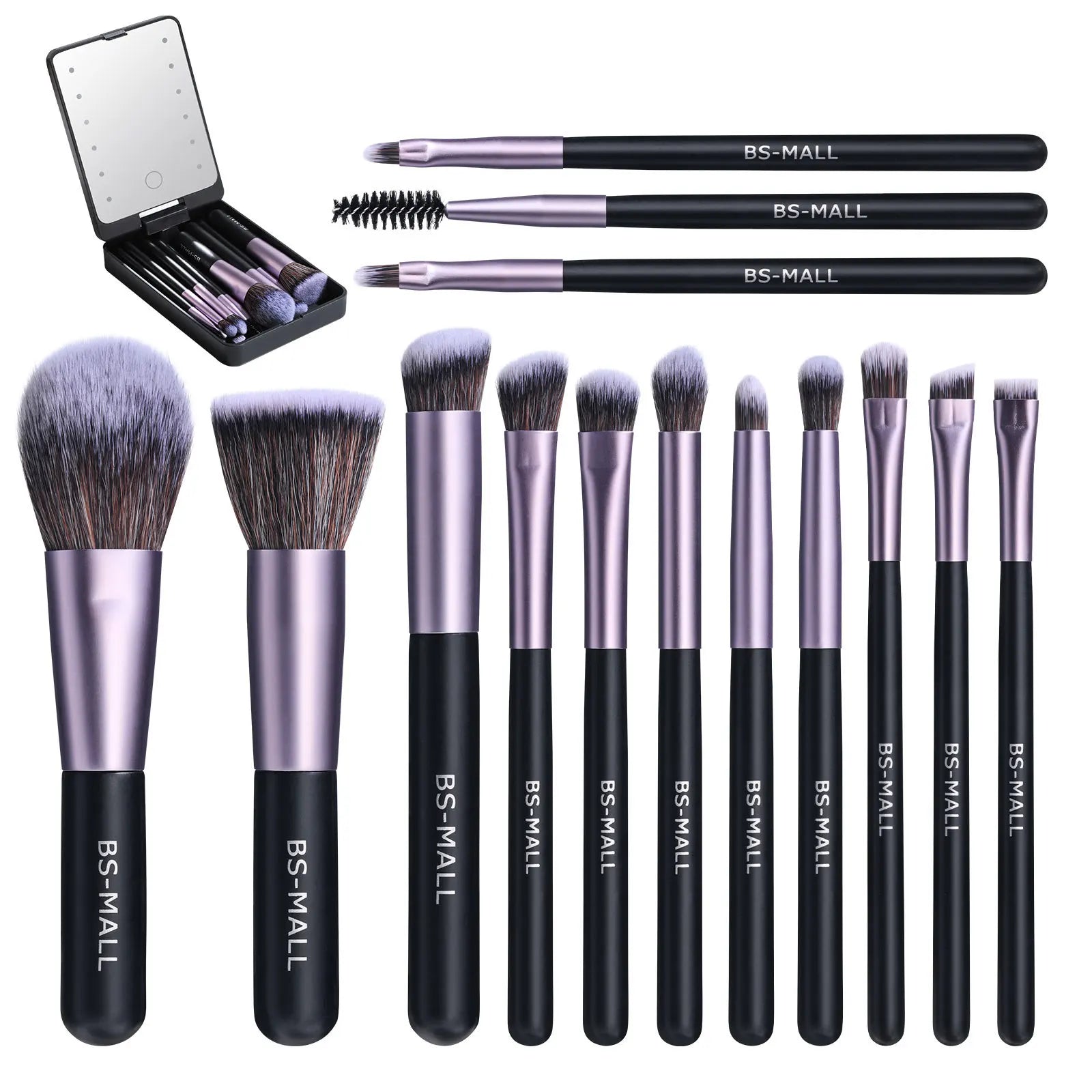 14-Piece Professional Makeup Brush Set with Illuminated Mirror and USB Rechargeable Short Handle Brushes