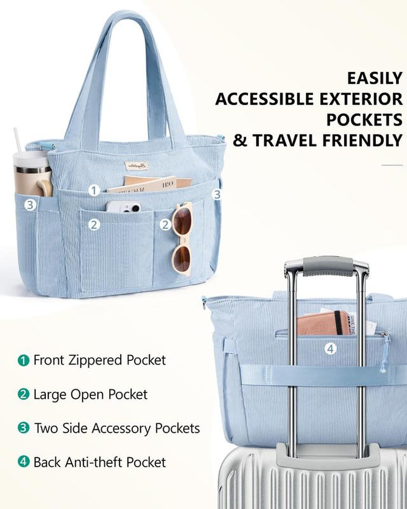 Bagstellar Corduroy Tote Bag for Women, 15.6 Inch Laptop Work Tote Bags for School College with Large Cup Holder, Durable Zipper Corduroy Casual Tote Purse Shoulder Handbags for Women Work, Daily, Travel, Gym