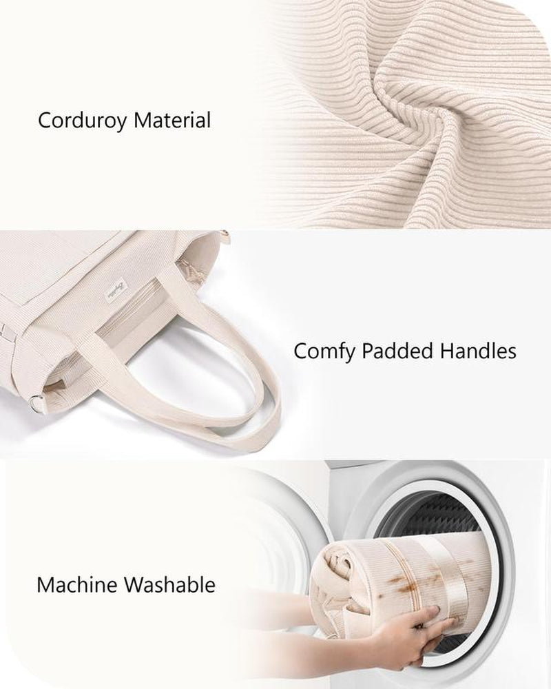 Bagstellar Corduroy Tote Bag for Women, 15.6 Inch Laptop Work Tote Bags for School College with Large Cup Holder, Durable Zipper Corduroy Casual Tote Purse Shoulder Handbags for Women Work, Daily, Travel, Gym