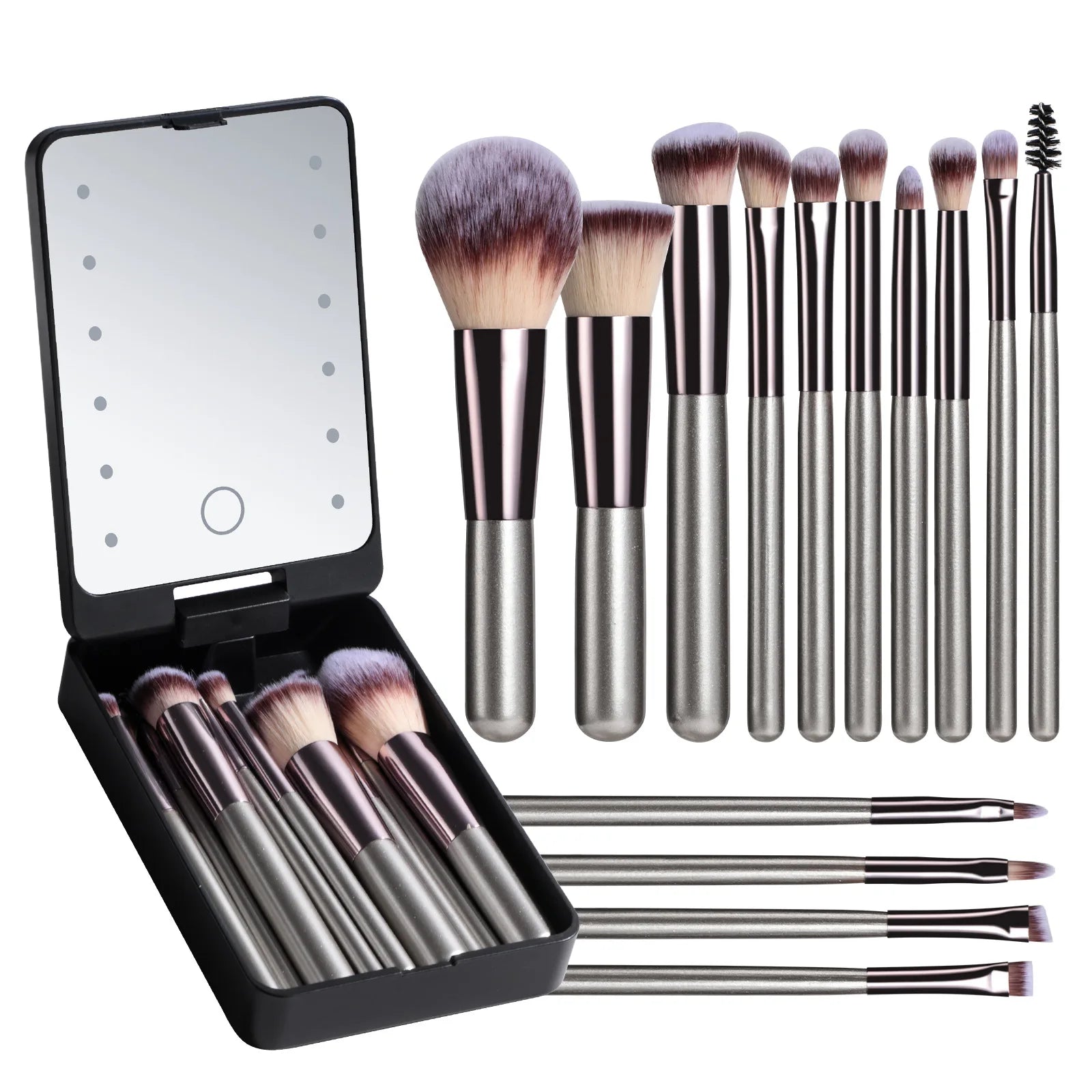 14-Piece Professional Makeup Brush Set with Illuminated Mirror and USB Rechargeable Short Handle Brushes