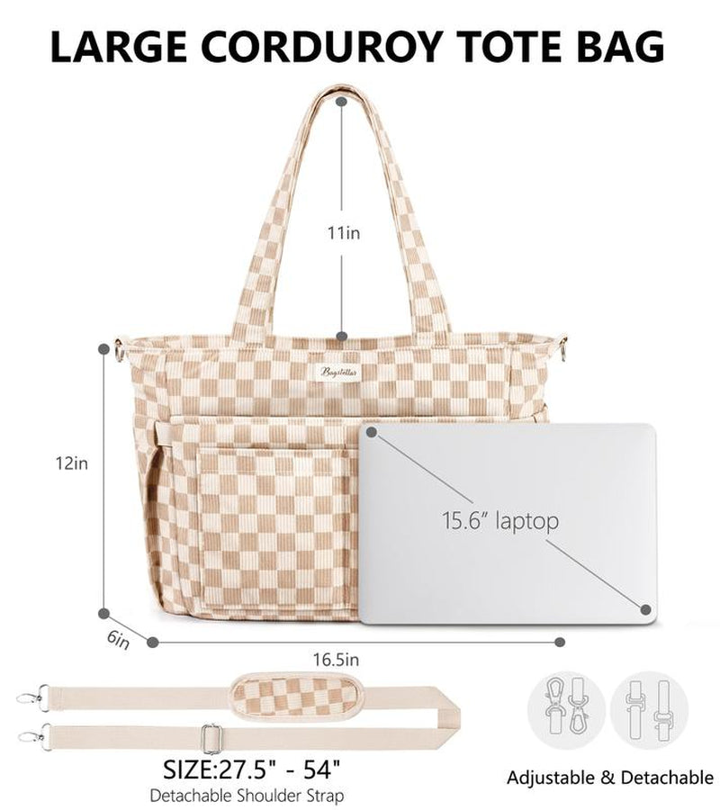 Bagstellar Corduroy Tote Bag for Women, 15.6 Inch Laptop Work Tote Bags for School College with Large Cup Holder, Durable Zipper Corduroy Casual Tote Purse Shoulder Handbags for Women Work, Daily, Travel, Gym