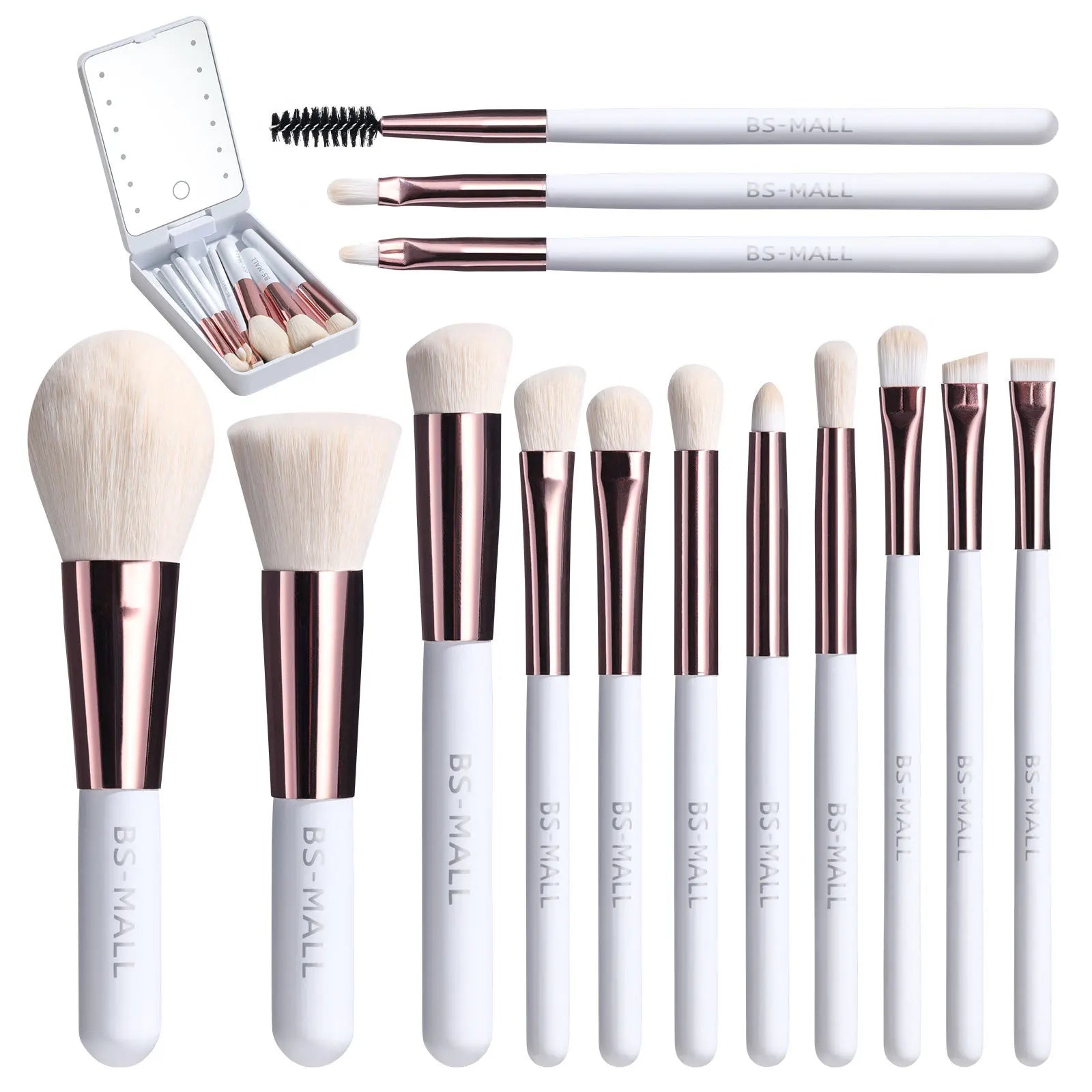 14-Piece Professional Makeup Brush Set with Illuminated Mirror and USB Rechargeable Short Handle Brushes