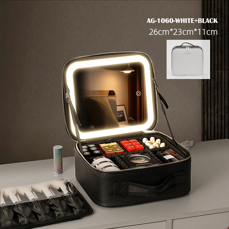 Portable Cosmetic Travel Storage Case with 2000mAh LED Rechargeable Makeup Organizer and Mirror