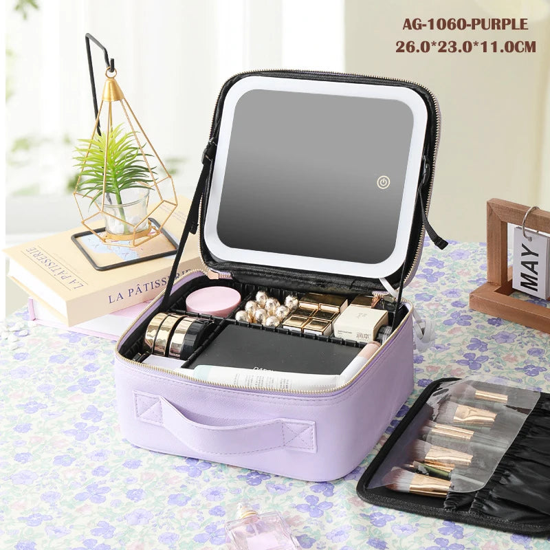 Portable Cosmetic Travel Storage Case with 2000mAh LED Rechargeable Makeup Organizer and Mirror