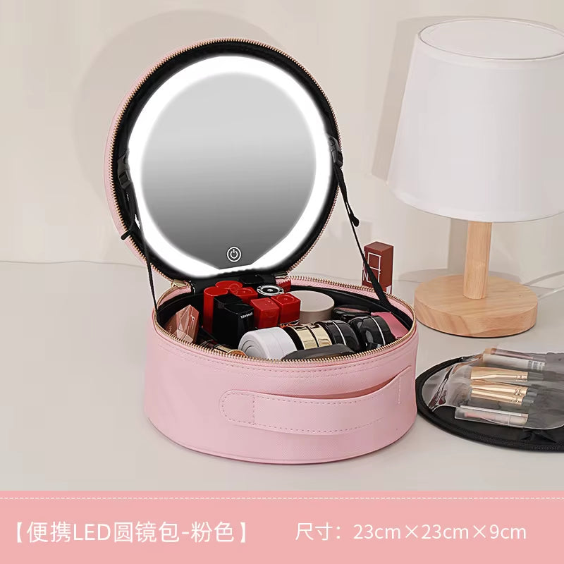 Portable Cosmetic Travel Storage Case with 2000mAh LED Rechargeable Makeup Organizer and Mirror