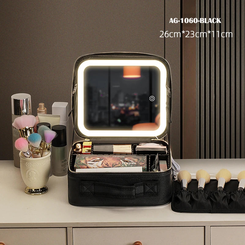 Portable Cosmetic Travel Storage Case with 2000mAh LED Rechargeable Makeup Organizer and Mirror