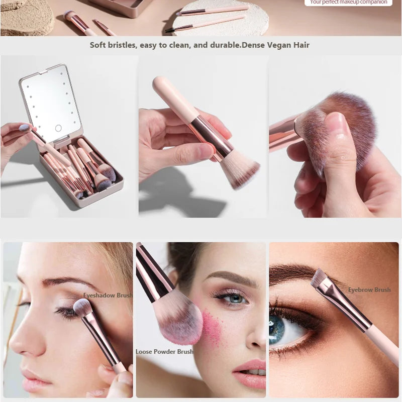 14-Piece Professional Makeup Brush Set with Illuminated Mirror and USB Rechargeable Short Handle Brushes