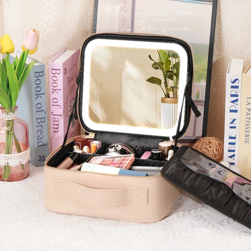 Portable Cosmetic Travel Storage Case with 2000mAh LED Rechargeable Makeup Organizer and Mirror