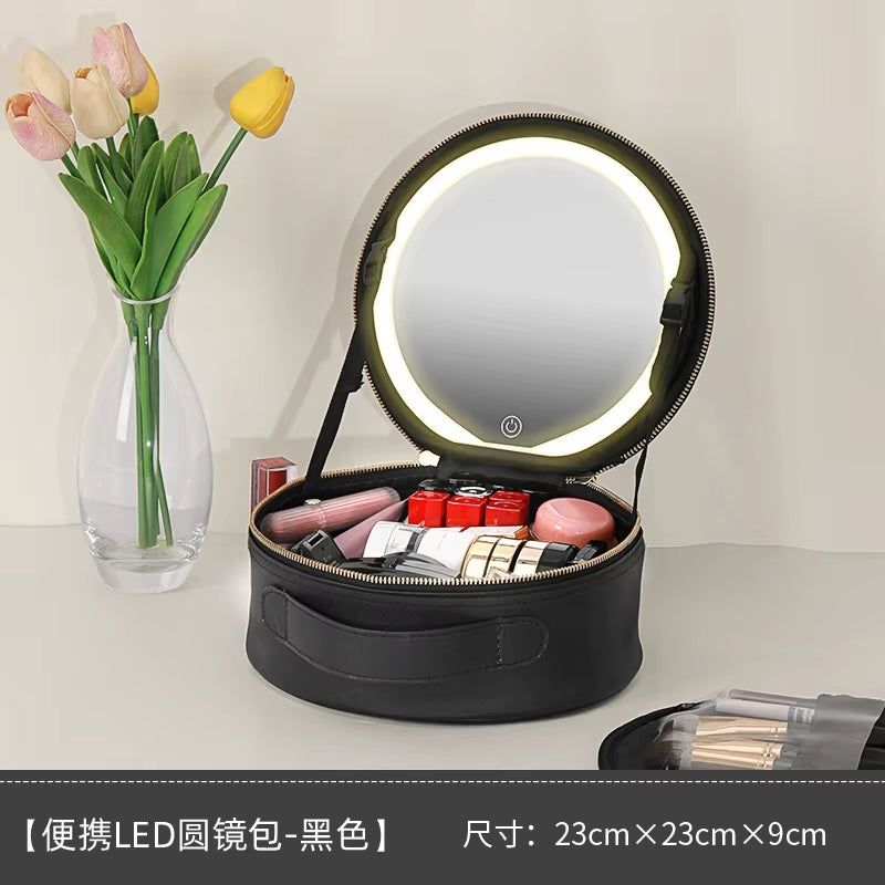 Portable Cosmetic Travel Storage Case with 2000mAh LED Rechargeable Makeup Organizer and Mirror