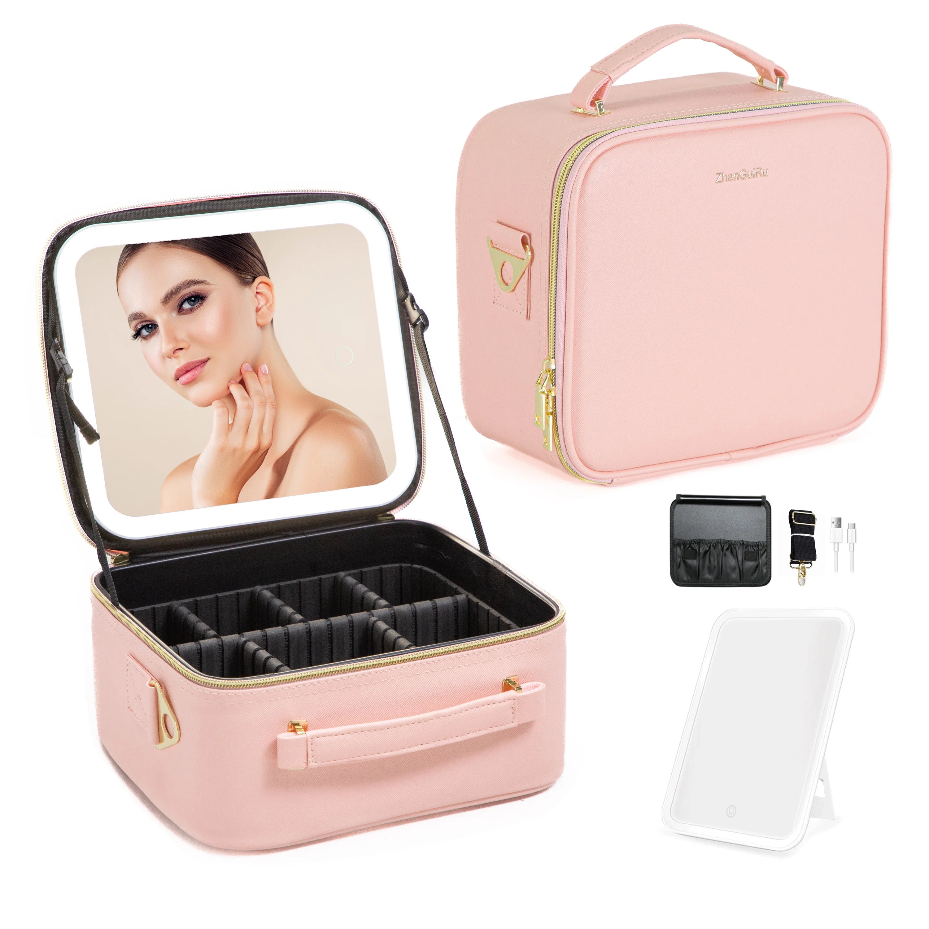 Makeup Bag with Mirror of Smart LED Lighted Women'S Cosmetic Bag Travel Makeup Bag Large Capacity Female Beautician for Women