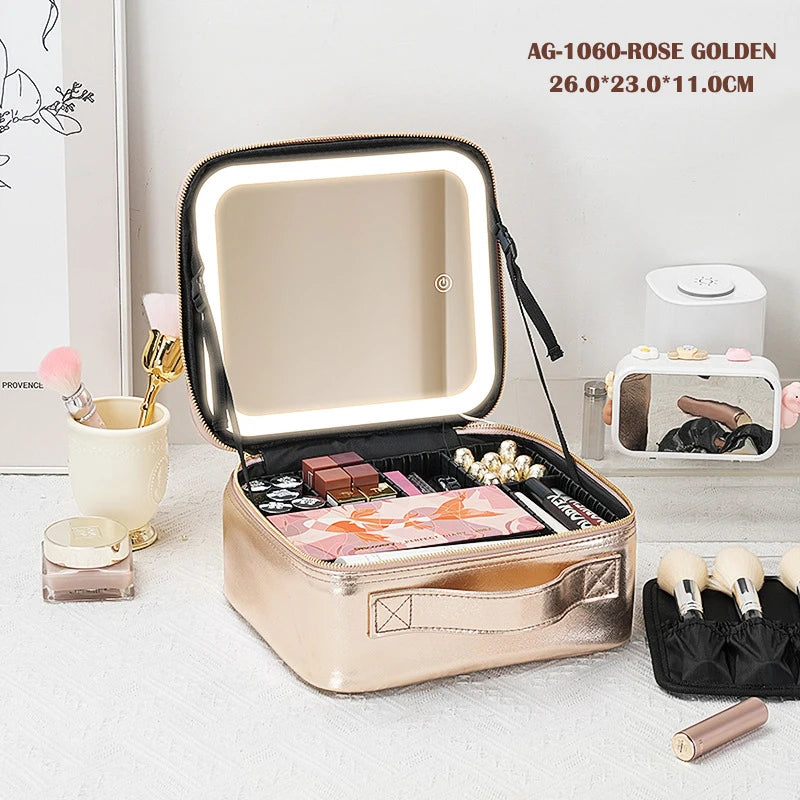 Portable Cosmetic Travel Storage Case with 2000mAh LED Rechargeable Makeup Organizer and Mirror