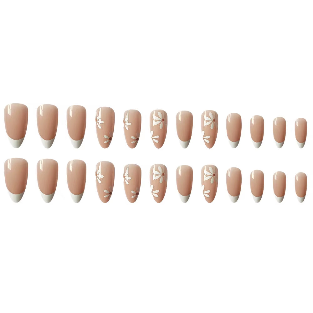 24Pcs Almond Head Fake Nails Daisy Full Coverage Nail Art Acrylic Waterproof False Nails Reusable Press on Nails