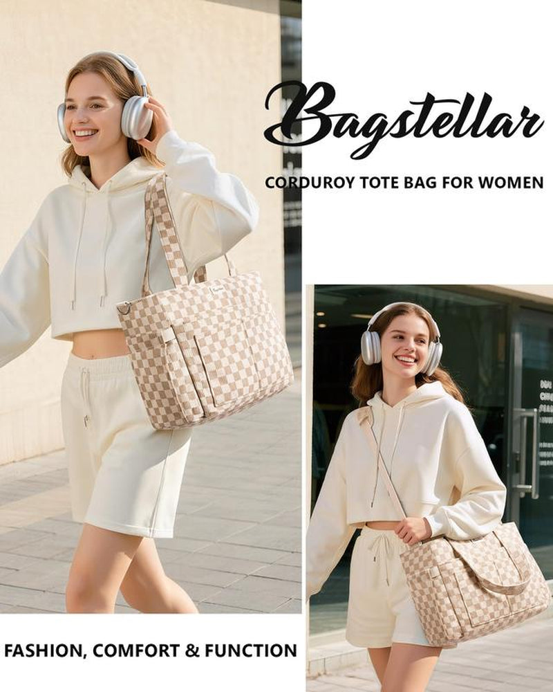 Bagstellar Corduroy Tote Bag for Women, 15.6 Inch Laptop Work Tote Bags for School College with Large Cup Holder, Durable Zipper Corduroy Casual Tote Purse Shoulder Handbags for Women Work, Daily, Travel, Gym