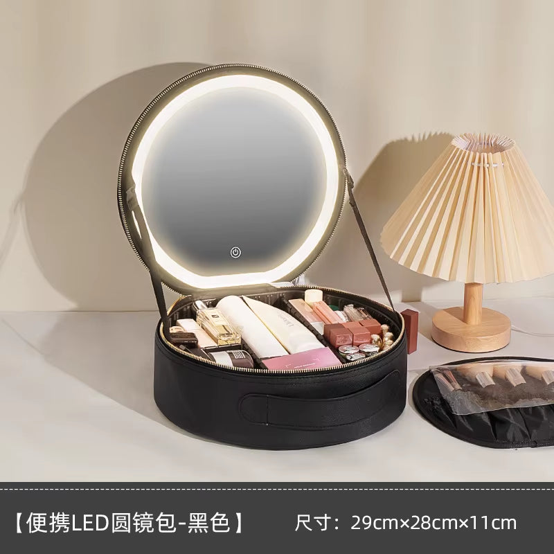 Portable Cosmetic Travel Storage Case with 2000mAh LED Rechargeable Makeup Organizer and Mirror