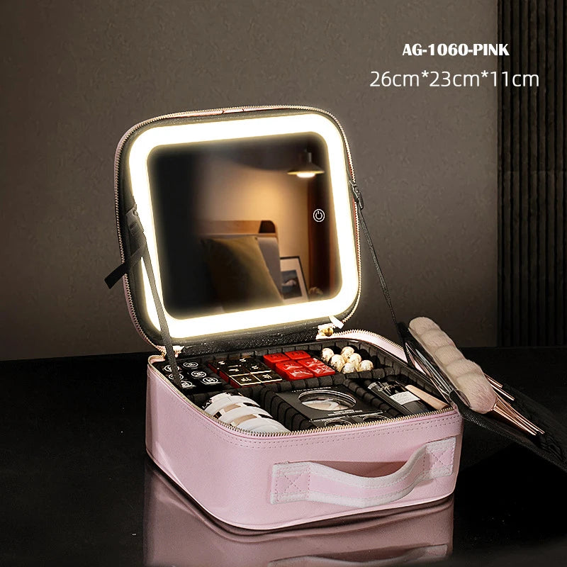 Portable Cosmetic Travel Storage Case with 2000mAh LED Rechargeable Makeup Organizer and Mirror