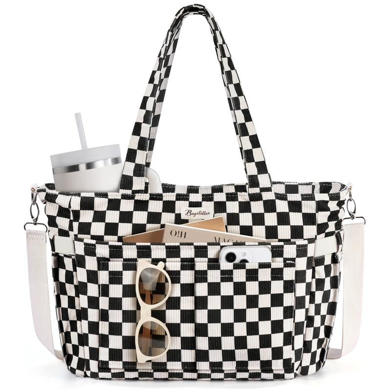 Bagstellar Corduroy Tote Bag for Women, 15.6 Inch Laptop Work Tote Bags for School College with Large Cup Holder, Durable Zipper Corduroy Casual Tote Purse Shoulder Handbags for Women Work, Daily, Travel, Gym