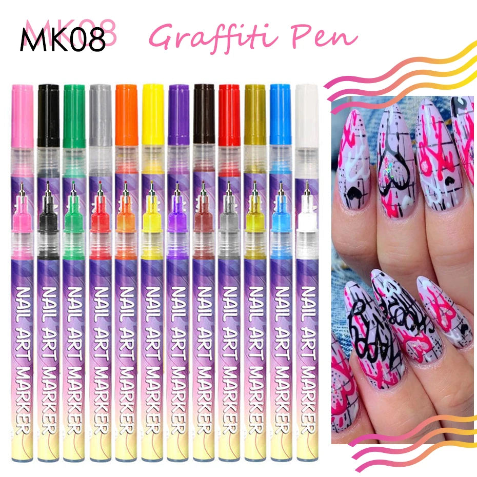 12-Color Y2K Graffiti Nail Polish Pen Set for Acrylic Painting - Quick-Drying Professional Manicure Tool with Abstract Designs
