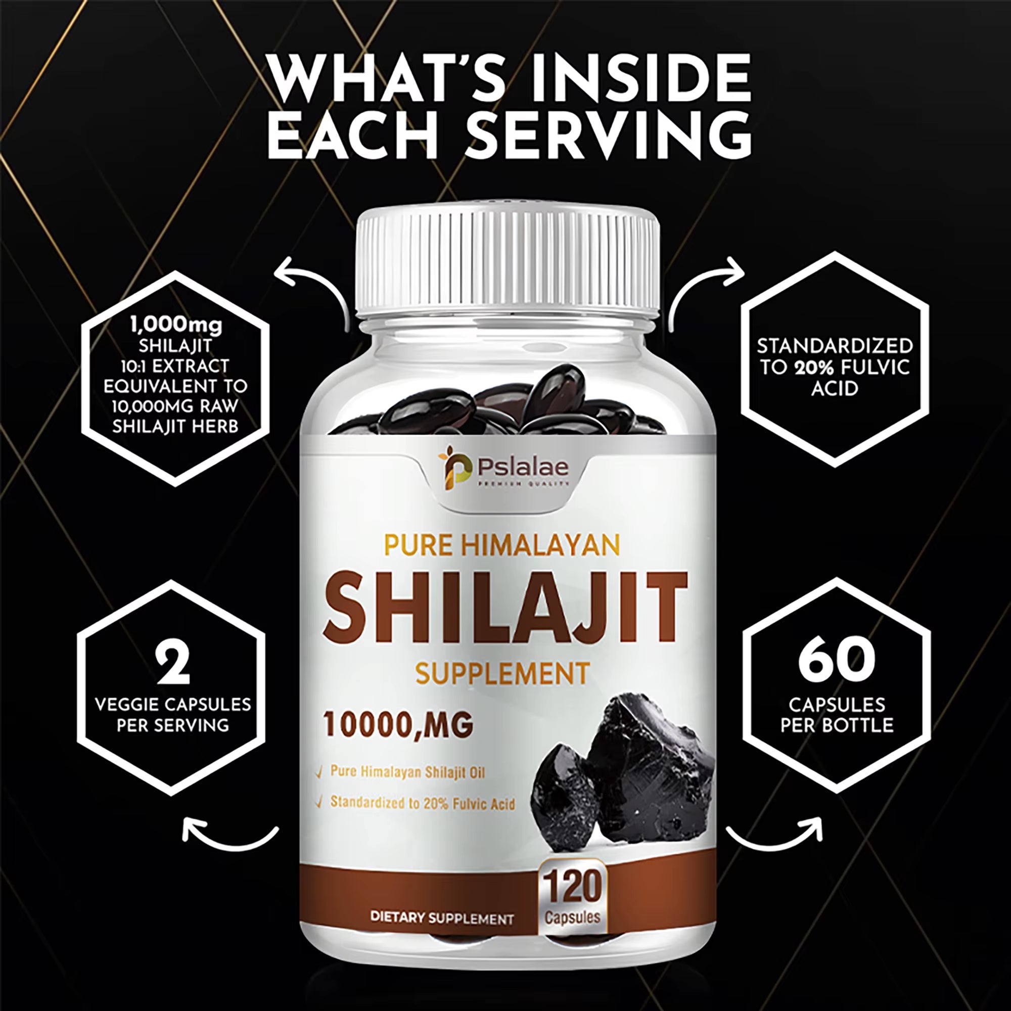 Shilajit Supplements - Enhance Nutrient Absorption and Promote Detoxification, Relieve Stress - 120 Capsules