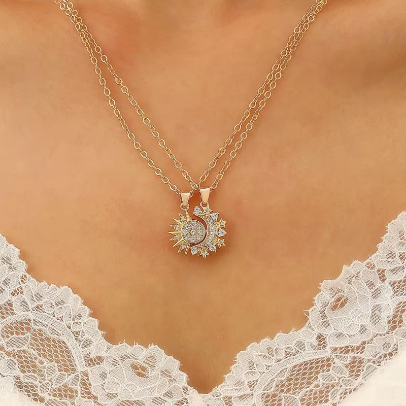 2Pcs/Set Magnetic Couple Matching Necklace Sun Moon Heart Shape Magnet Paired Pendant Jewelry Chain Choker Fashion Lover Gift