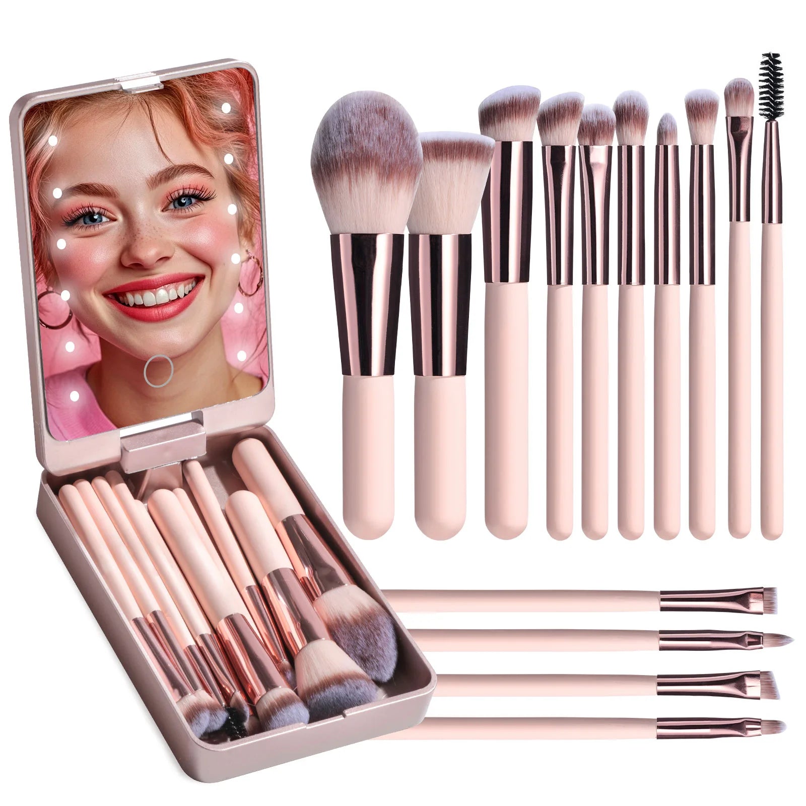 14-Piece Professional Makeup Brush Set with Illuminated Mirror and USB Rechargeable Short Handle Brushes