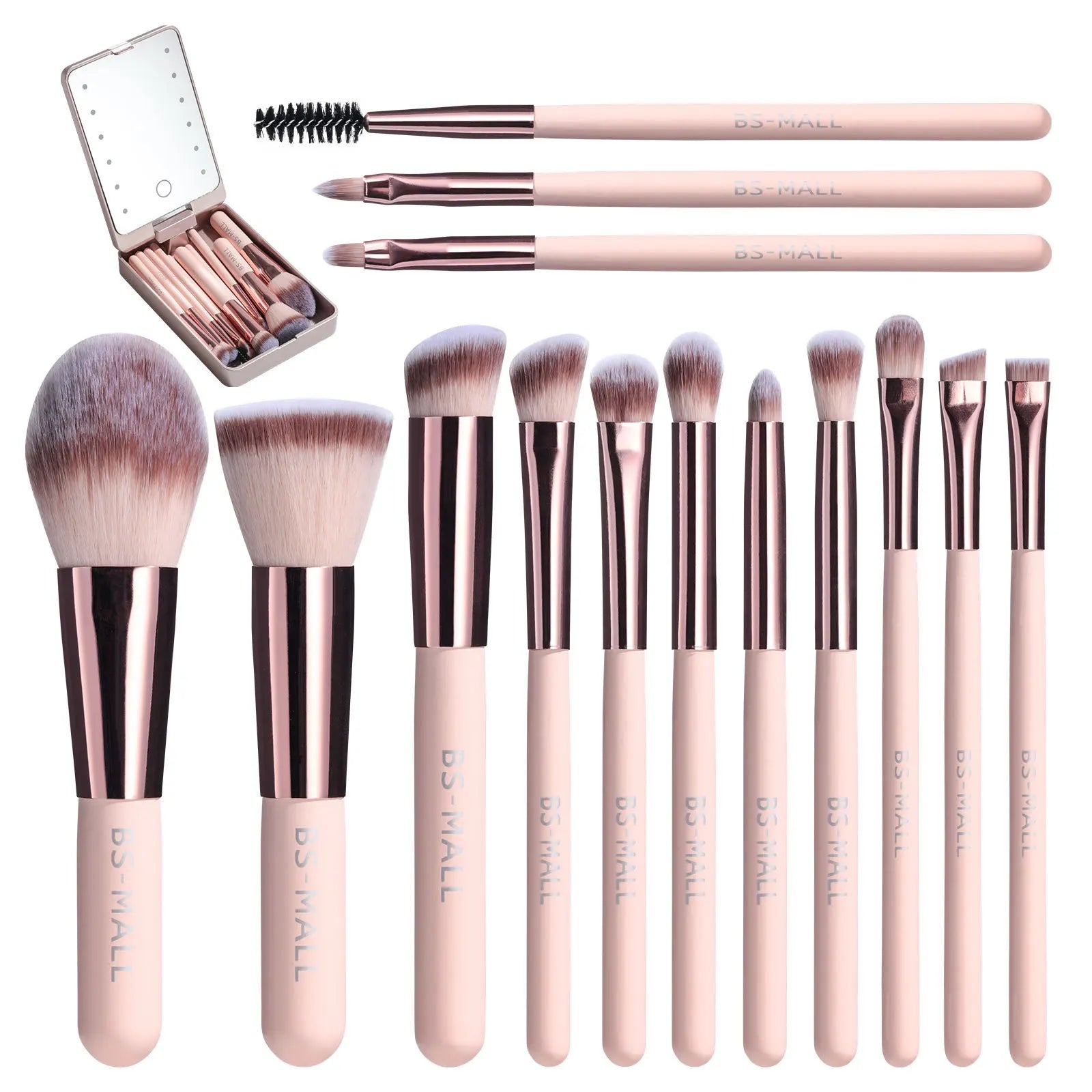 14-Piece Professional Makeup Brush Set with Illuminated Mirror and USB Rechargeable Short Handle Brushes