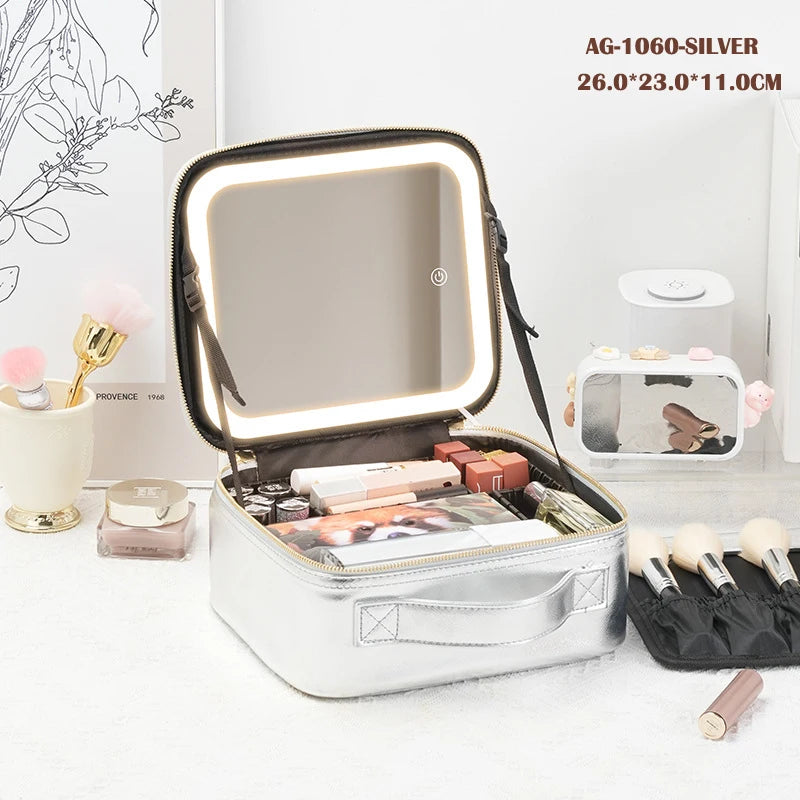 Portable Cosmetic Travel Storage Case with 2000mAh LED Rechargeable Makeup Organizer and Mirror