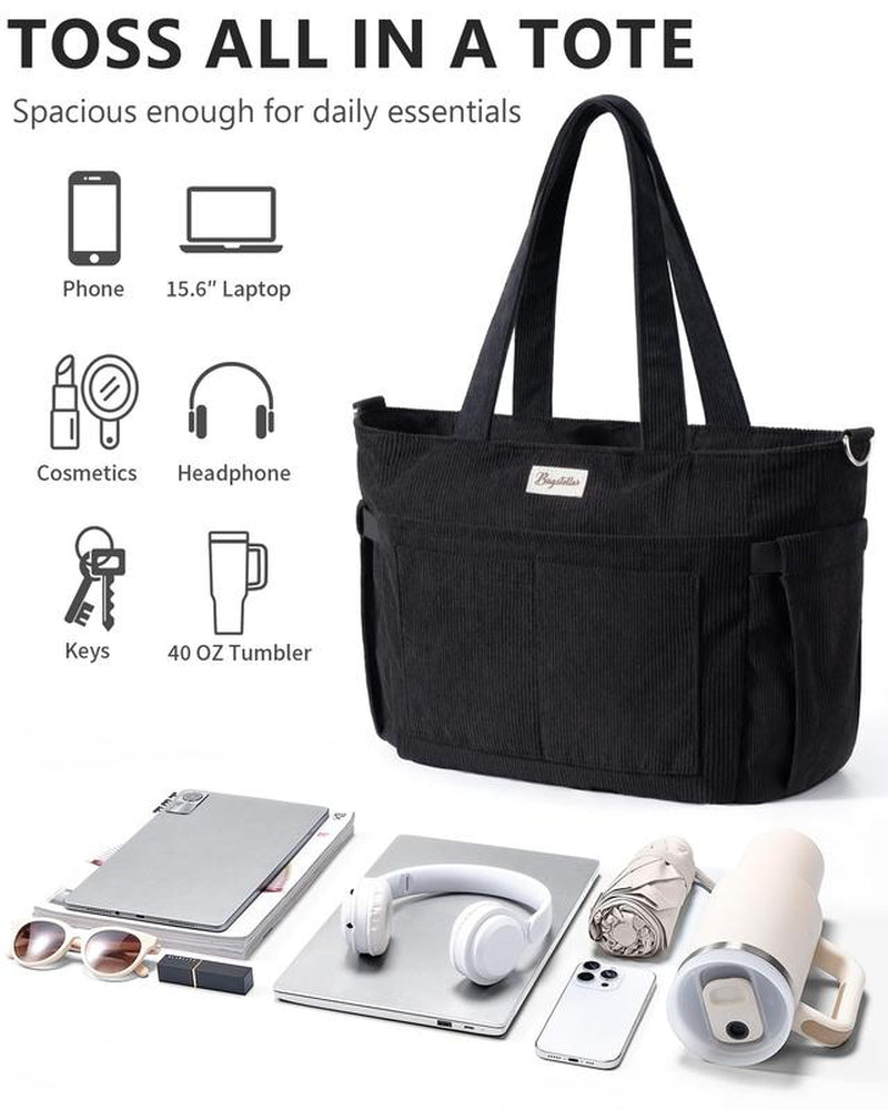 Bagstellar Corduroy Tote Bag for Women, 15.6 Inch Laptop Work Tote Bags for School College with Large Cup Holder, Durable Zipper Corduroy Casual Tote Purse Shoulder Handbags for Women Work, Daily, Travel, Gym