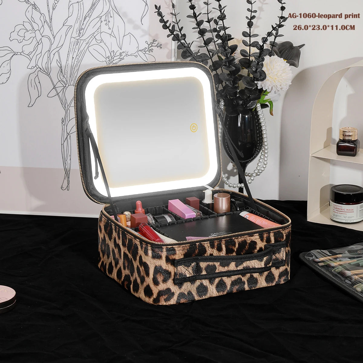 Portable Cosmetic Travel Storage Case with 2000mAh LED Rechargeable Makeup Organizer and Mirror