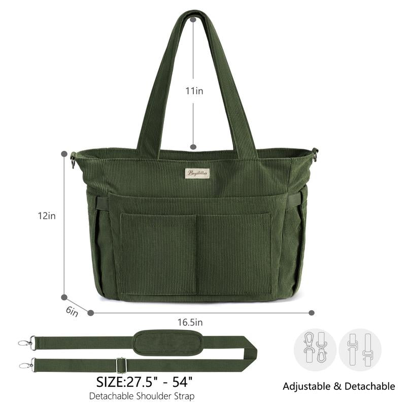 Bagstellar Corduroy Tote Bag for Women, 15.6 Inch Laptop Work Tote Bags for School College with Large Cup Holder, Durable Zipper Corduroy Casual Tote Purse Shoulder Handbags for Women Work, Daily, Travel, Gym